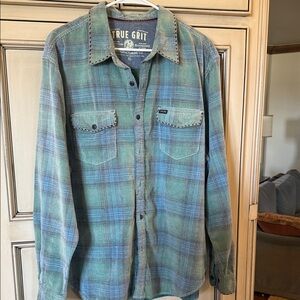 True Grit Green and Blue Plaid Corduroy Shirt